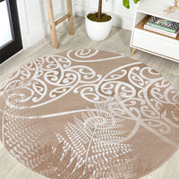 Aotearoa Maori Koru Curves Round Carpet Silver Ferns - Mocha LT7 Beige - Polynesian Pride