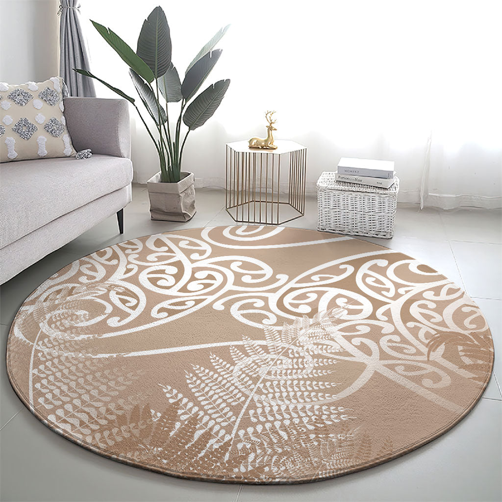 Aotearoa Maori Koru Curves Round Carpet Silver Ferns - Mocha LT7 - Polynesian Pride