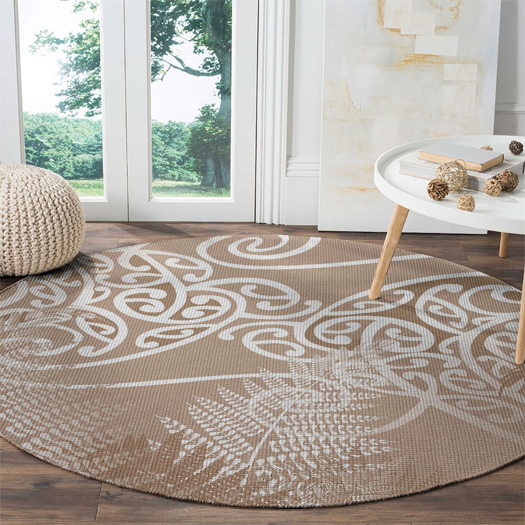 Aotearoa Maori Koru Curves Round Carpet Silver Ferns - Mocha LT7 - Polynesian Pride