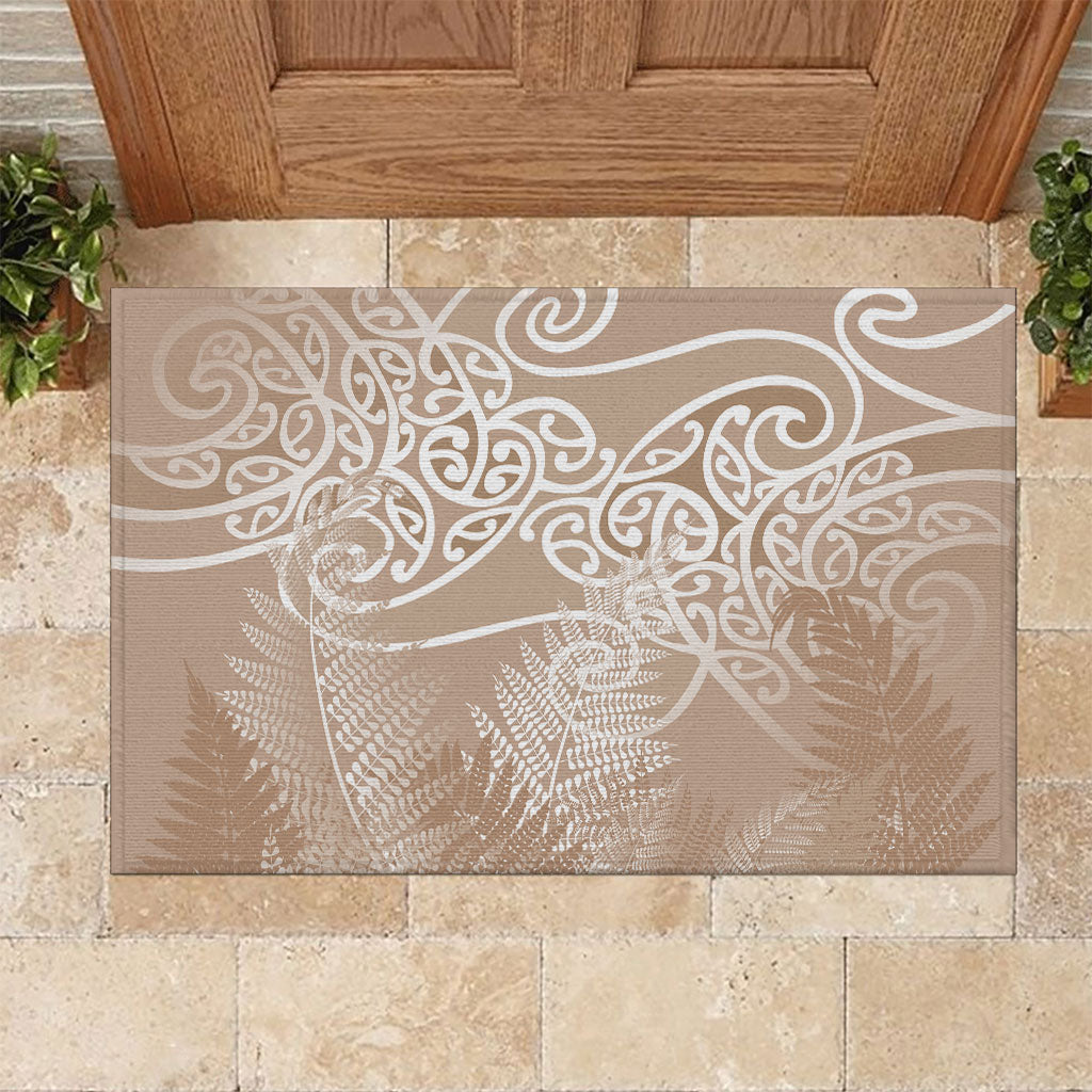 Aotearoa Maori Koru Curves Rubber Doormat Silver Ferns - Mocha LT7 Beige - Polynesian Pride