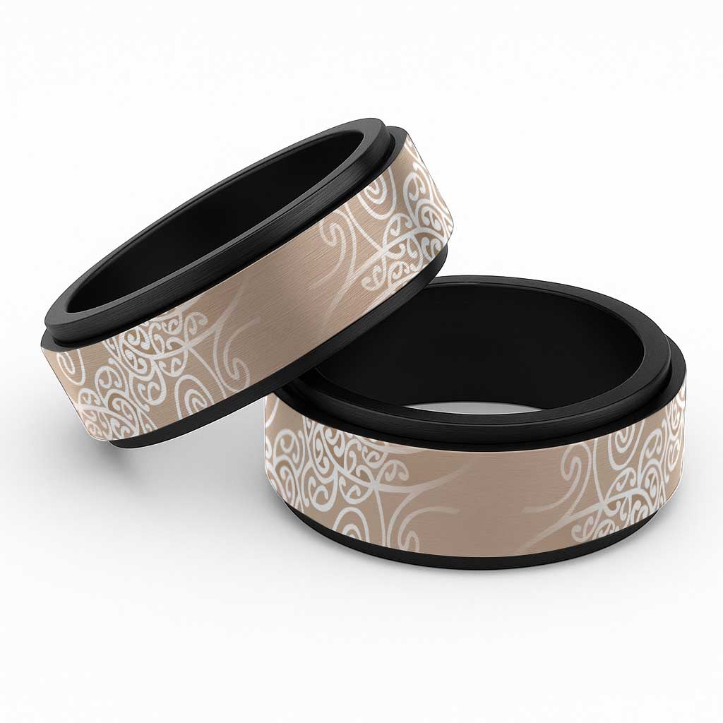 Aotearoa Maori Koru Curves Spinner Ring Silver Ferns - Mocha LT7 Black Beige - Polynesian Pride