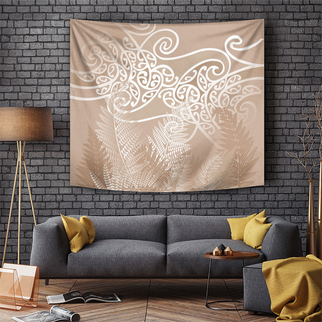 Aotearoa Maori Koru Curves Tapestry Silver Ferns - Mocha LT7 Beige - Polynesian Pride