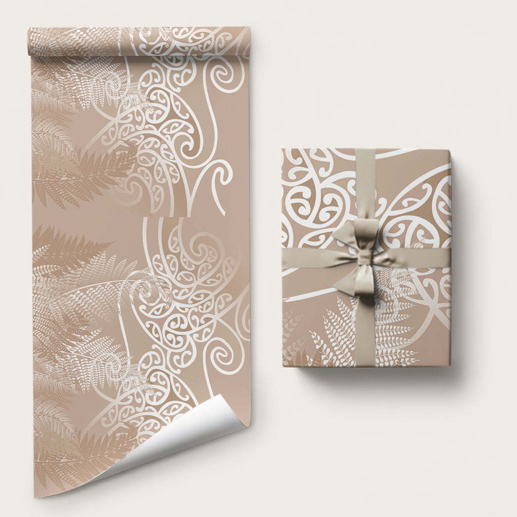 Aotearoa Maori Koru Curves Wrapping Paper Silver Ferns - Mocha LT7 58" × 23" Beige - Polynesian Pride