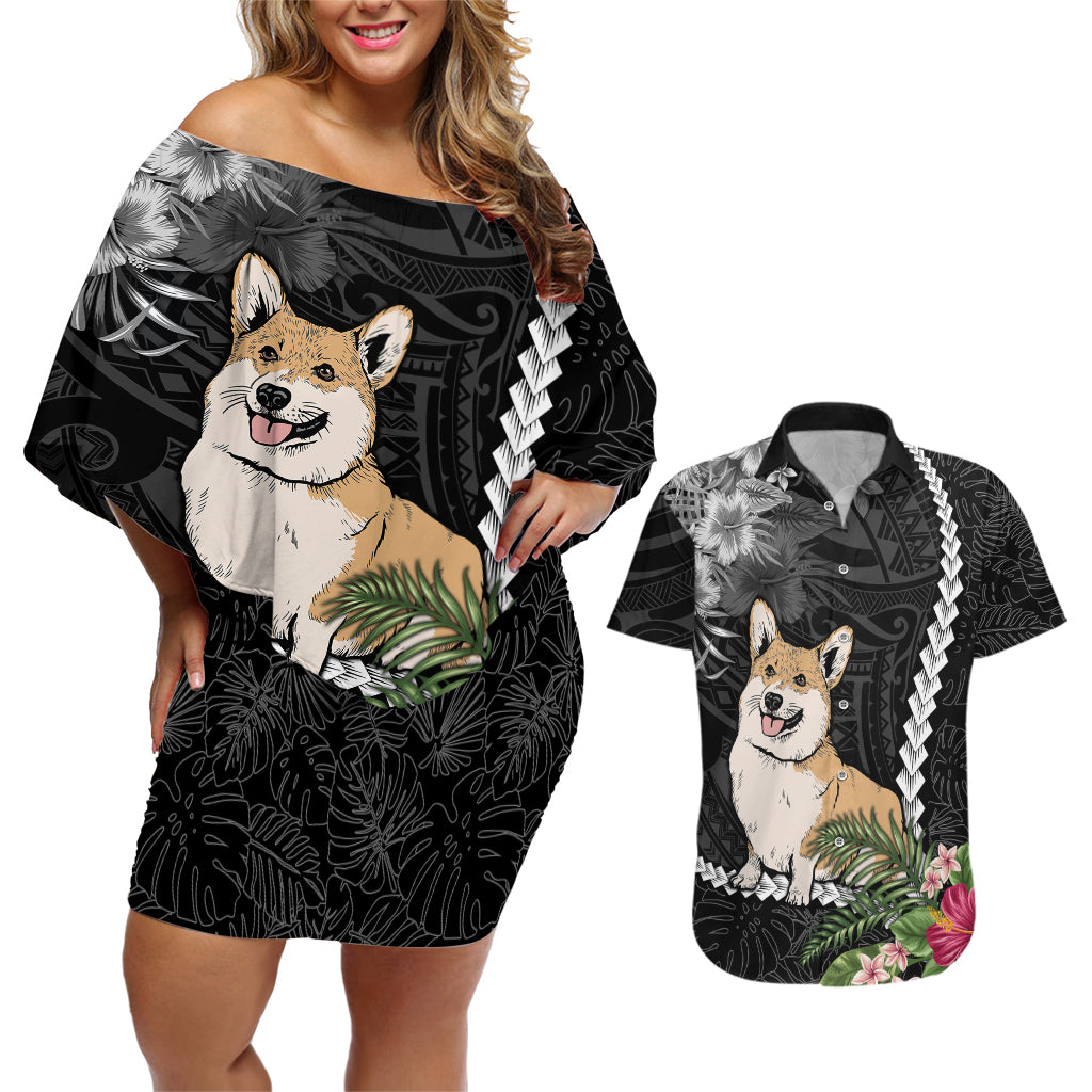 Personalised Polynesian Dog Couples Matching Off Shoulder Short Dress and Hawaiian Shirt Corgi Mix Tropical Flowers LT7 Black - Polynesian Pride