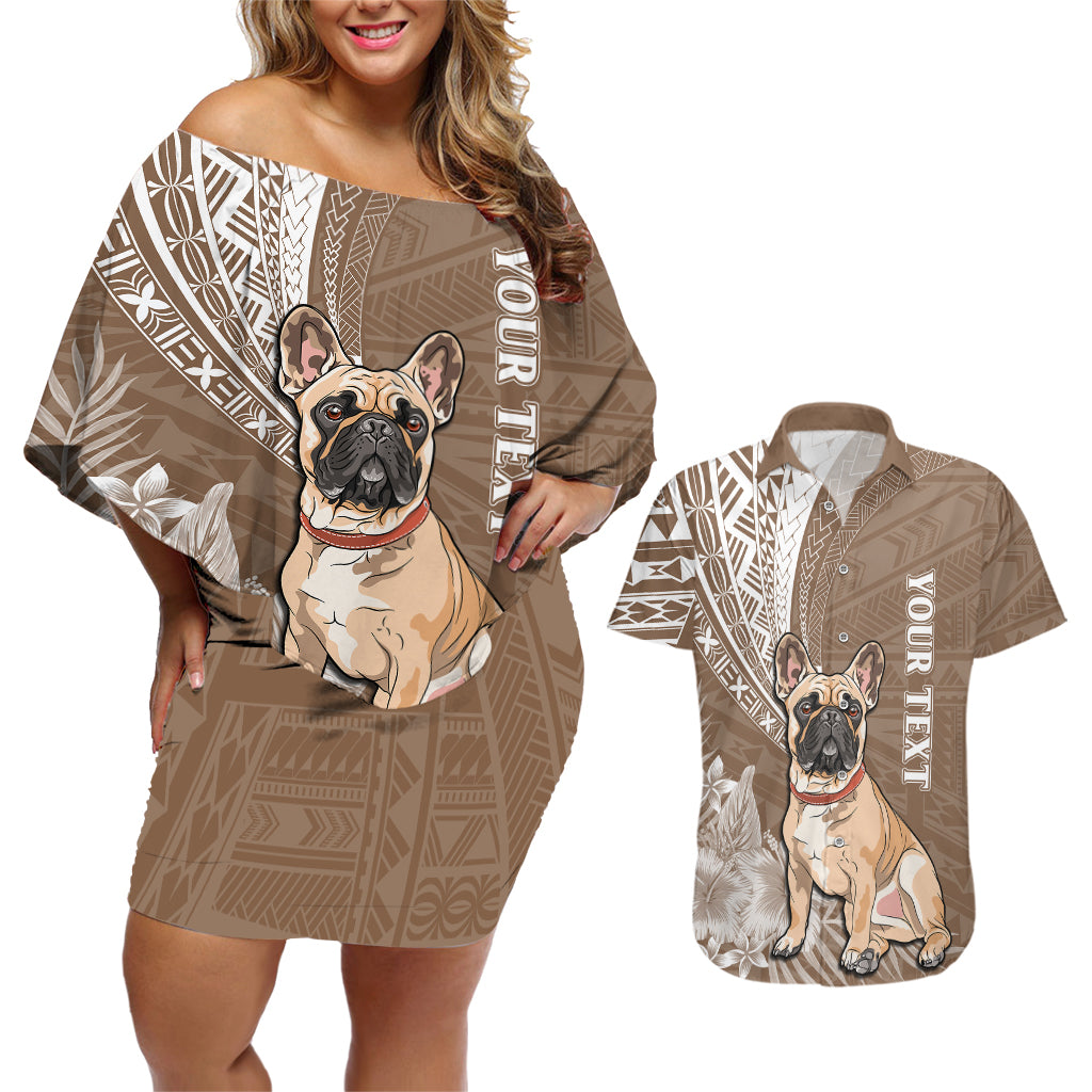 Personalised Polynesian Pacific Bulldog Couples Matching Off Shoulder Short Dress and Hawaiian Shirt With Brown Hawaii Tribal Tattoo Patterns LT7 Brown - Polynesian Pride