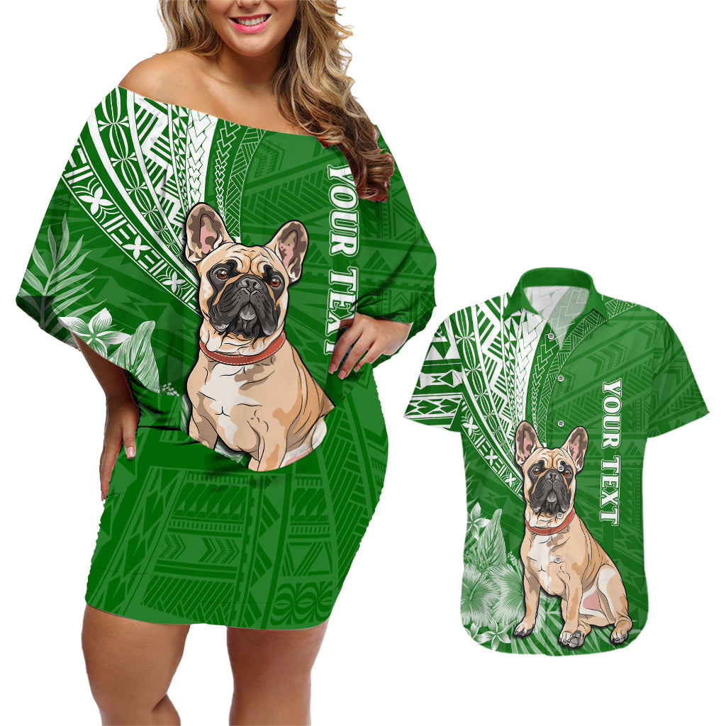 Personalised Polynesian Pacific Bulldog Couples Matching Off Shoulder Short Dress and Hawaiian Shirt With Emerald Hawaii Tribal Tattoo Patterns LT7 Green - Polynesian Pride