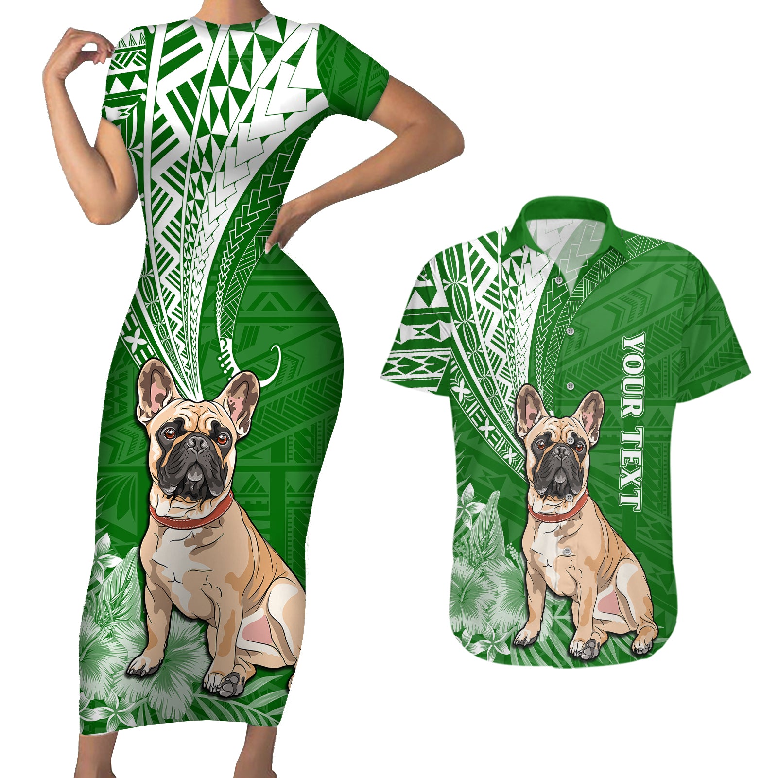 Personalised Polynesian Pacific Bulldog Couples Matching Short Sleeve Bodycon Dress and Hawaiian Shirt With Emerald Hawaii Tribal Tattoo Patterns LT7 Green - Polynesian Pride