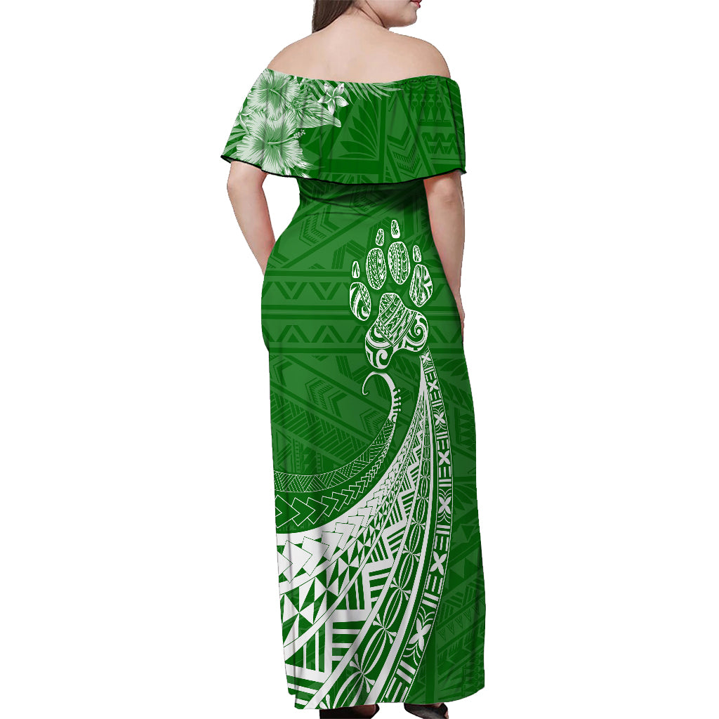 Personalised Polynesian Pacific Bulldog Off Shoulder Maxi Dress With Emerald Hawaii Tribal Tattoo Patterns LT7 - Polynesian Pride
