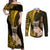 Personalised Polynesian Pacific Bulldog Couples Matching Off Shoulder Maxi Dress and Long Sleeve Button Shirts With Gold Hawaii Tribal Tattoo Patterns LT7 Gold - Polynesian Pride