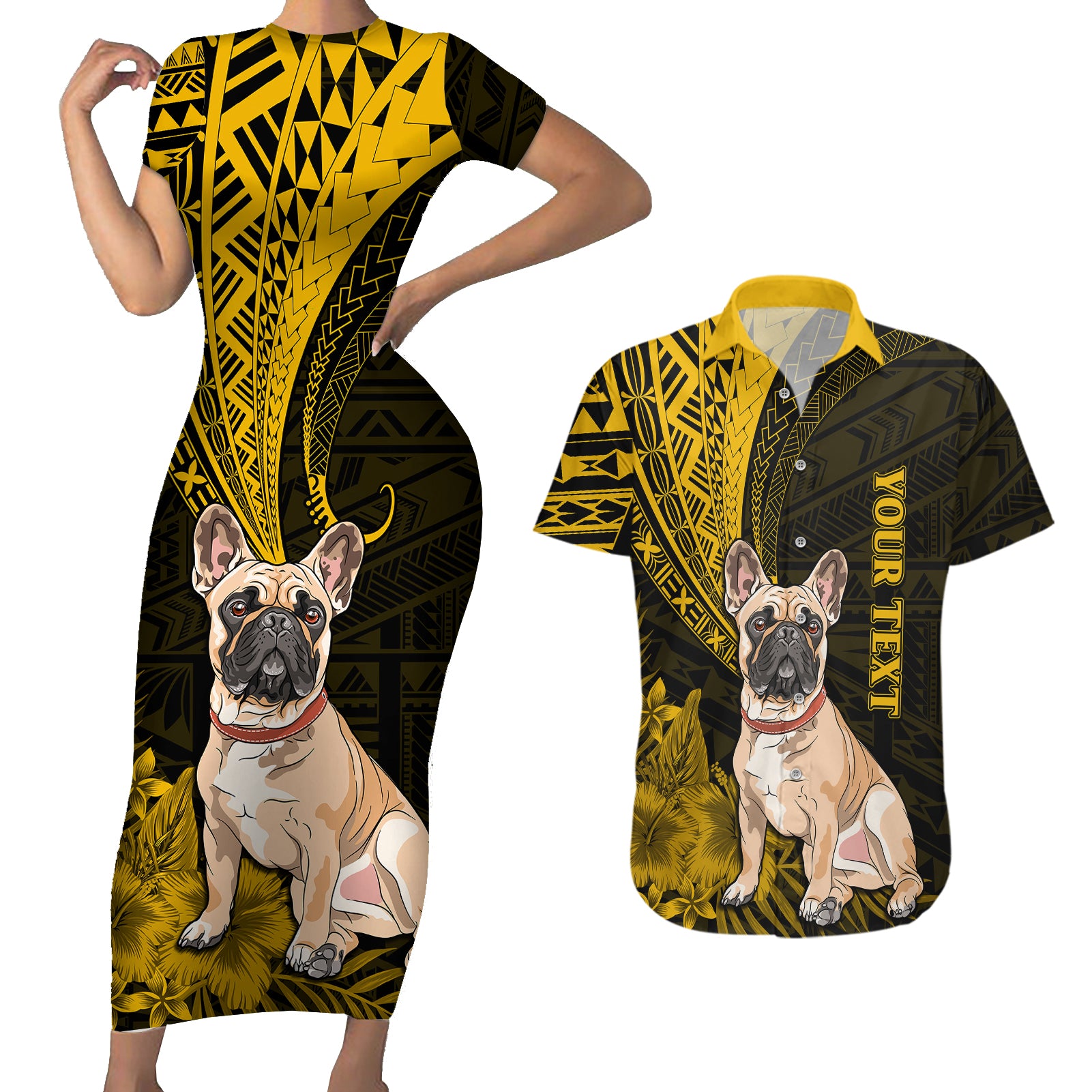 Personalised Polynesian Pacific Bulldog Couples Matching Short Sleeve Bodycon Dress and Hawaiian Shirt With Gold Hawaii Tribal Tattoo Patterns LT7 Gold - Polynesian Pride