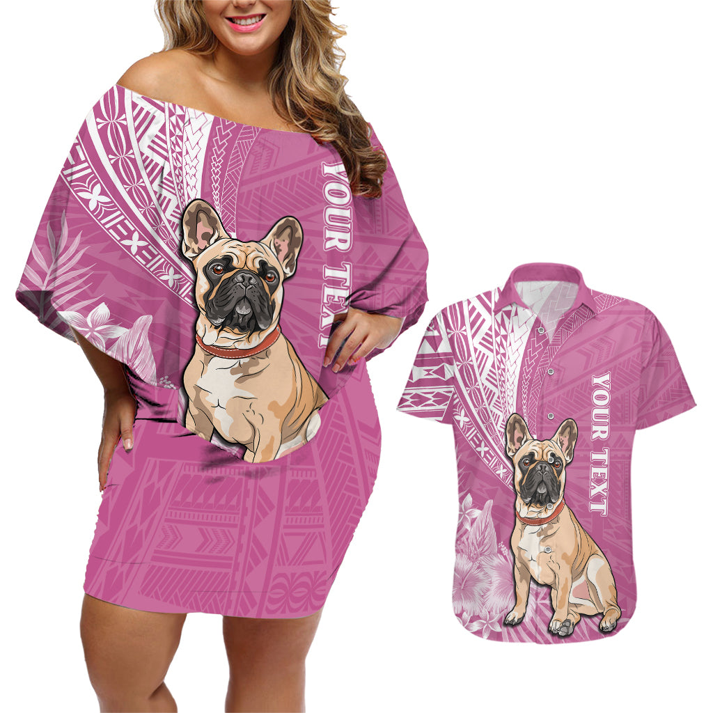 Personalised Polynesian Pacific Bulldog Couples Matching Off Shoulder Short Dress and Hawaiian Shirt With Pink Hawaii Tribal Tattoo Patterns LT7 Pink - Polynesian Pride