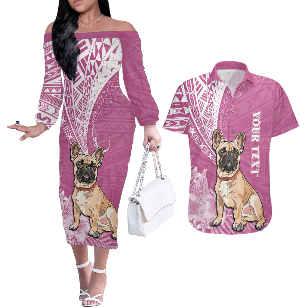 Personalised Polynesian Pacific Bulldog Couples Matching Off The Shoulder Long Sleeve Dress and Hawaiian Shirt With Pink Hawaii Tribal Tattoo Patterns LT7 Pink - Polynesian Pride