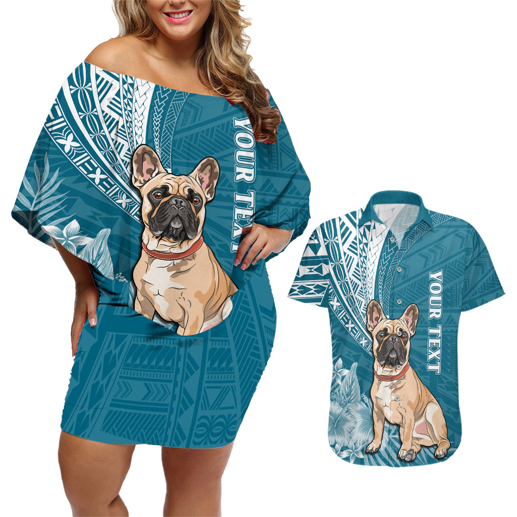 Personalised Polynesian Pacific Bulldog Couples Matching Off Shoulder Short Dress and Hawaiian Shirt With Teal Hawaii Tribal Tattoo Patterns LT7 Teal - Polynesian Pride