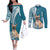 Personalised Polynesian Pacific Bulldog Couples Matching Off The Shoulder Long Sleeve Dress and Long Sleeve Button Shirts With Teal Hawaii Tribal Tattoo Patterns LT7 Teal - Polynesian Pride