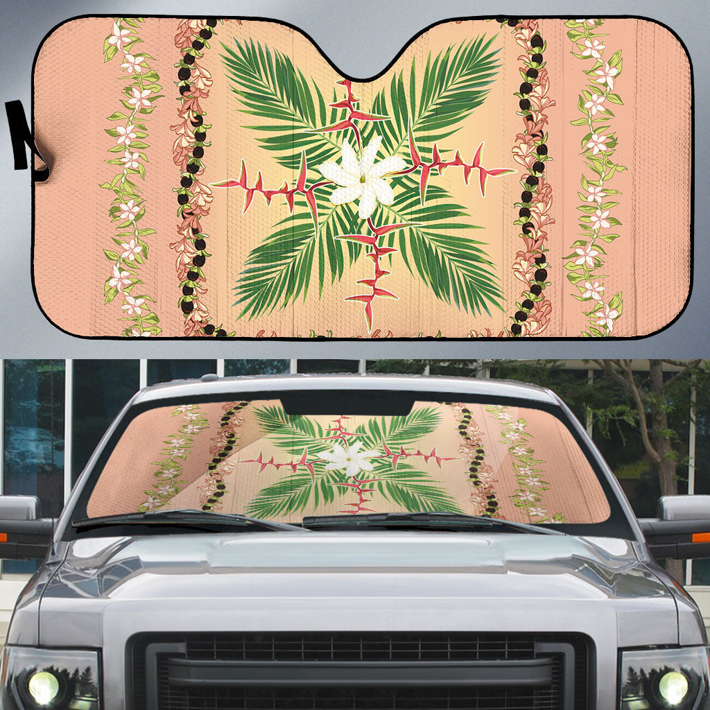 Hawaii Quilt Inspired Collection Aloha Flowers Auto Sun Shade Maile - Kukui Nut Lei LT7 Coral Pink - Polynesian Pride