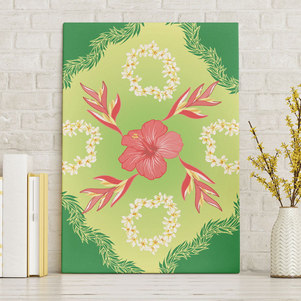 Hawaii Quilt Inspired Collection Aloha Flowers Canvas Wall Art Plumeria - Ti Leaf Lei LT7 Without Frame Green - Polynesian Pride