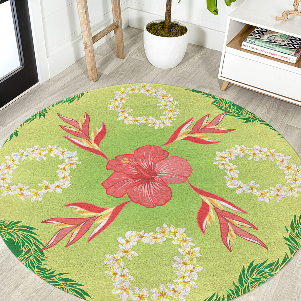 Hawaii Quilt Inspired Collection Aloha Flowers Round Carpet Plumeria - Ti Leaf Lei LT7 Green - Polynesian Pride