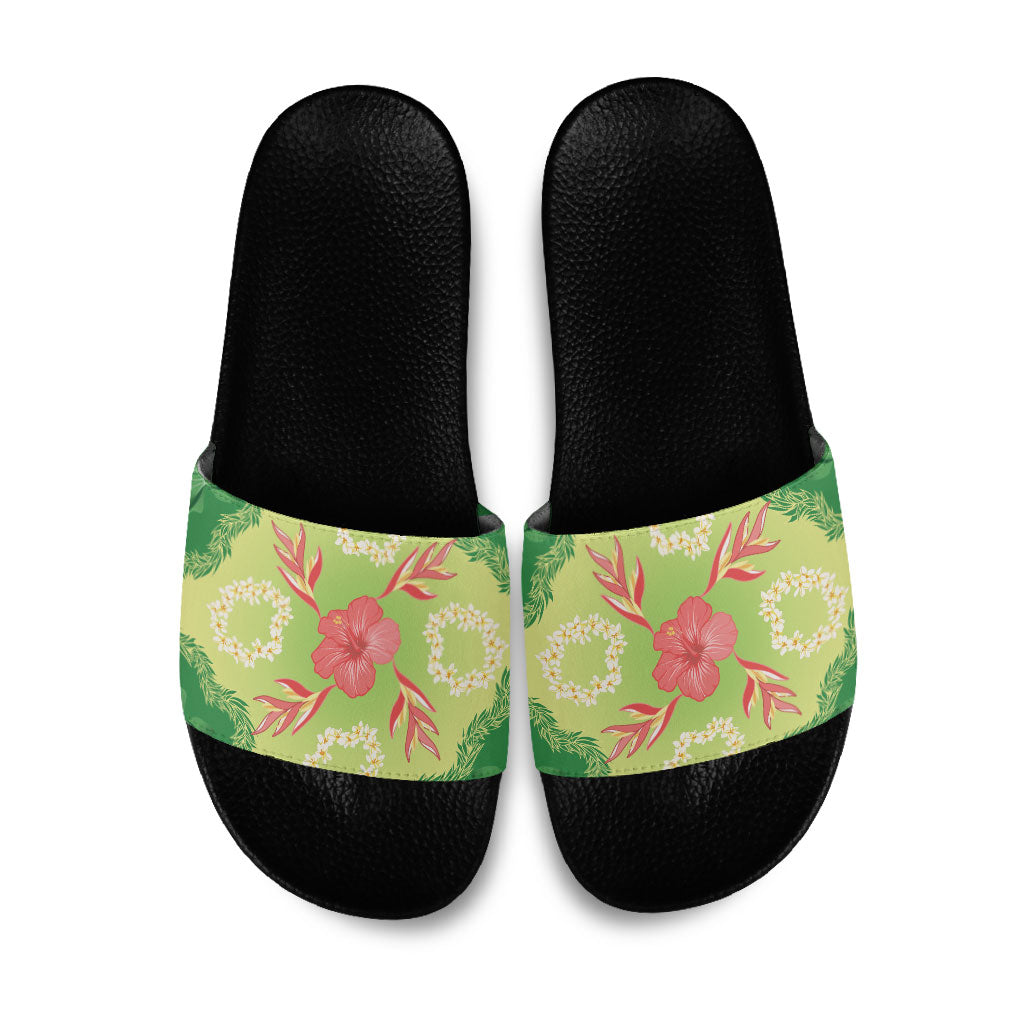 Hawaii Quilt Inspired Collection Aloha Flowers Slide Sandals Plumeria - Ti Leaf Lei LT7 Green - Polynesian Pride