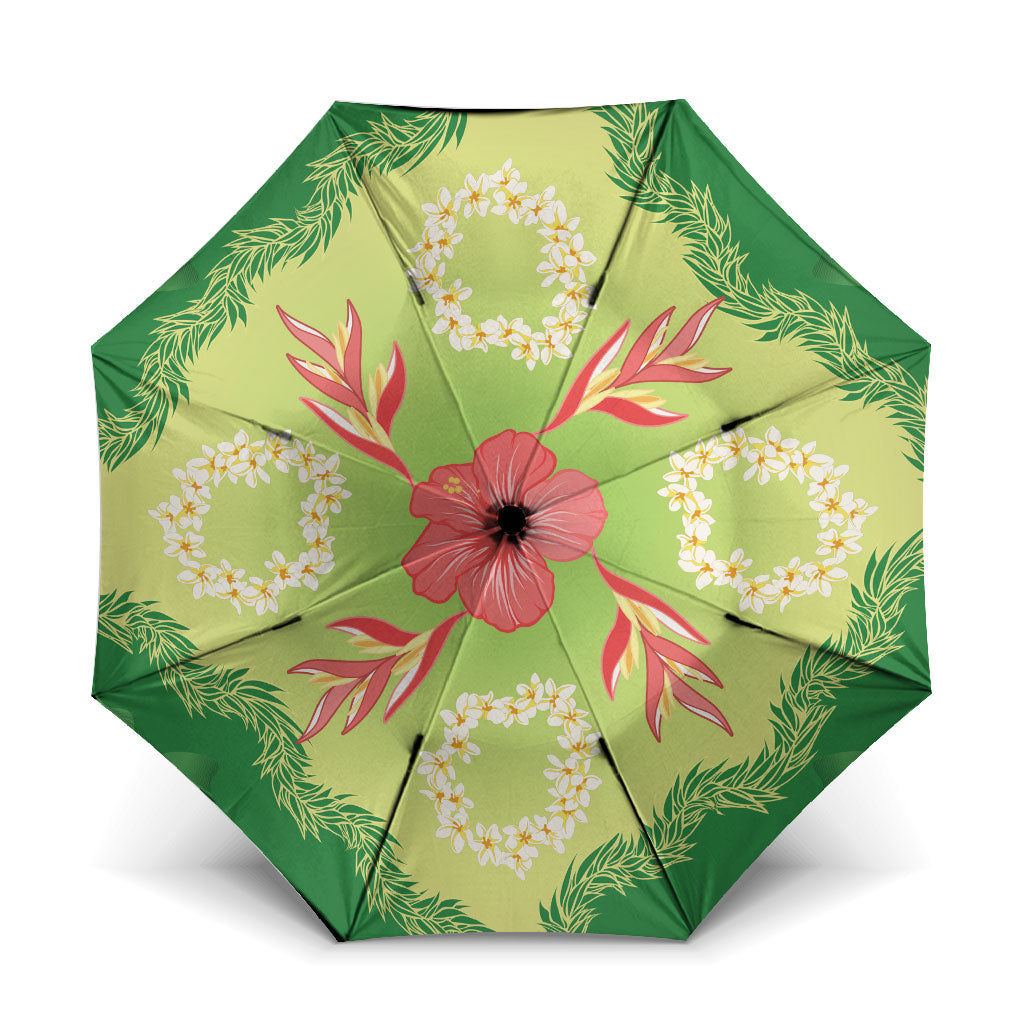 Hawaii Quilt Inspired Collection Aloha Flowers Umbrella Plumeria - Ti Leaf Lei LT7 One Size Folded 11.42 inch Opened Diameter 37.4 inch Green - Polynesian Pride