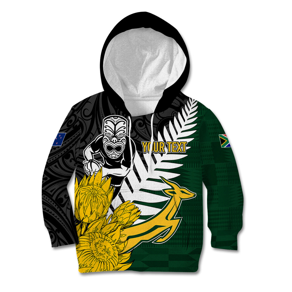 Personalised New Zealand Vs South Africa Rugby Kid Hoodie Rivals - Tribal Style LT7 Hoodie Black Green - Polynesian Pride