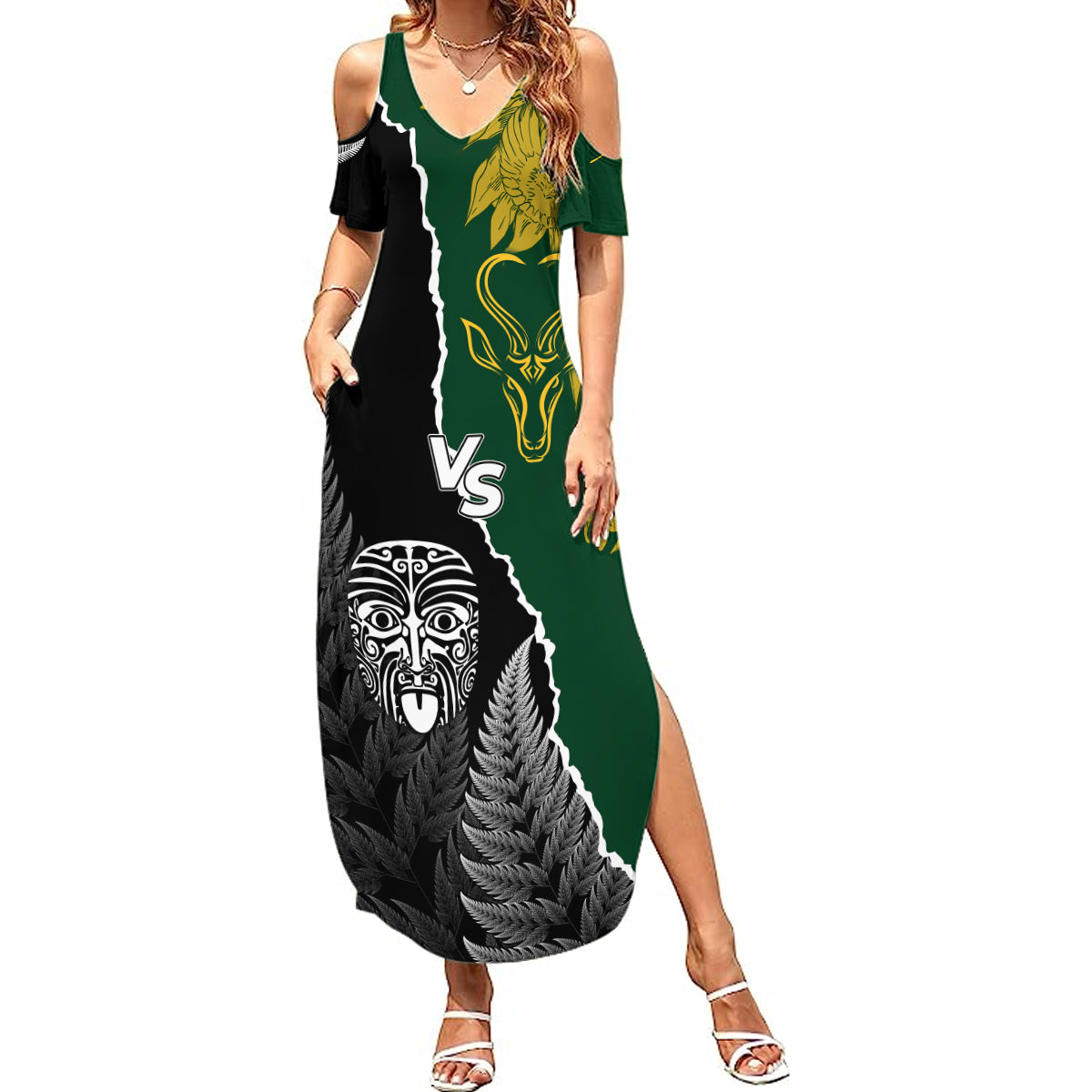 Personalised New Zealand Vs South Africa Rugby Summer Maxi Dress Rival Polynesian Pride