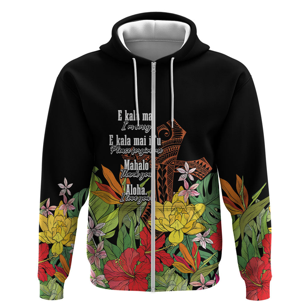 Mahalo Hawaii Ho'oponopono Pule Zip Hoodie Polynesian Pattern Cross LT7 Zip Hoodie Black - Polynesian Pride