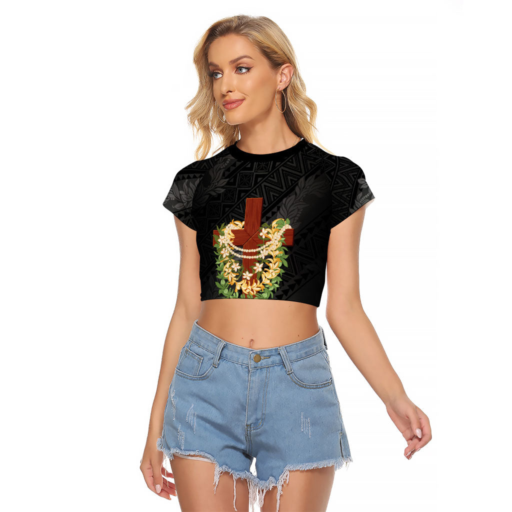 Hawaii Ka Pule a ka Haku Memorial Raglan Cropped T Shirt Flower Lei Cross - Black LT7 Female Black - Polynesian Pride