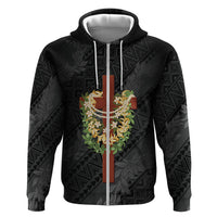 Hawaii Ka Pule a ka Haku Memorial Zip Hoodie Flower Lei Cross - Black LT7 Zip Hoodie Black - Polynesian Pride