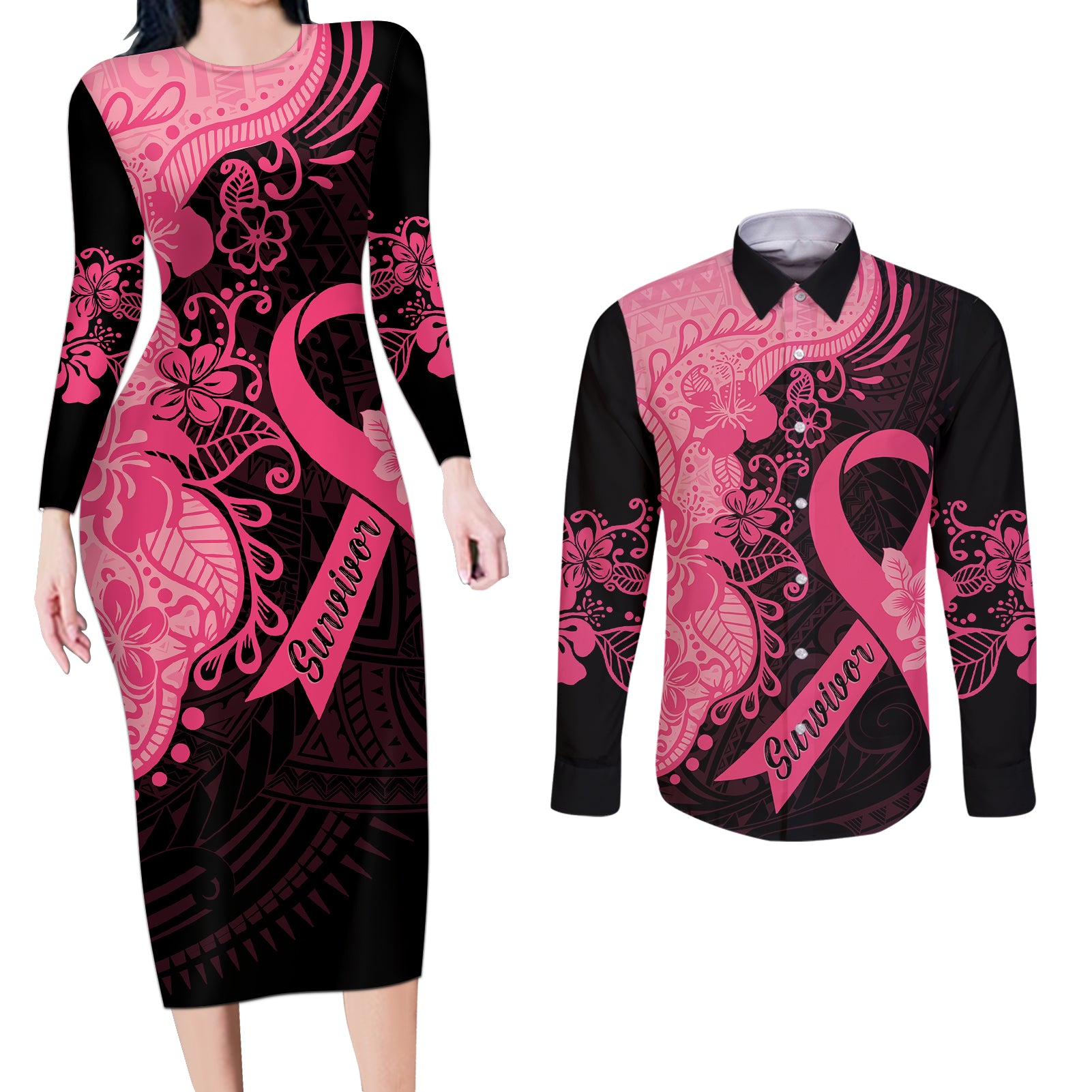 Polynesian Couples Matching Long Sleeve Bodycon Dress and Long Sleeve Button Shirts Plumeria Breast Cancer Awareness Survivor Ribbon Pink LT7 Black Pink - Polynesian Pride