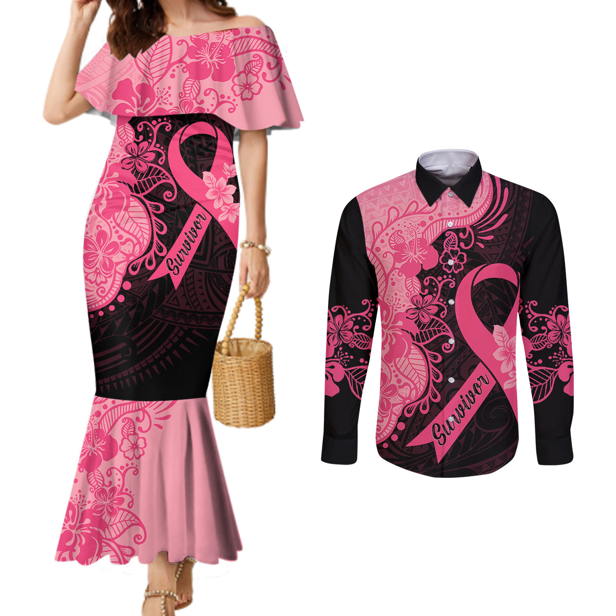 Polynesian Couples Matching Mermaid Dress and Long Sleeve Button Shirts Plumeria Breast Cancer Awareness Survivor Ribbon Pink LT7 Black Pink - Polynesian Pride