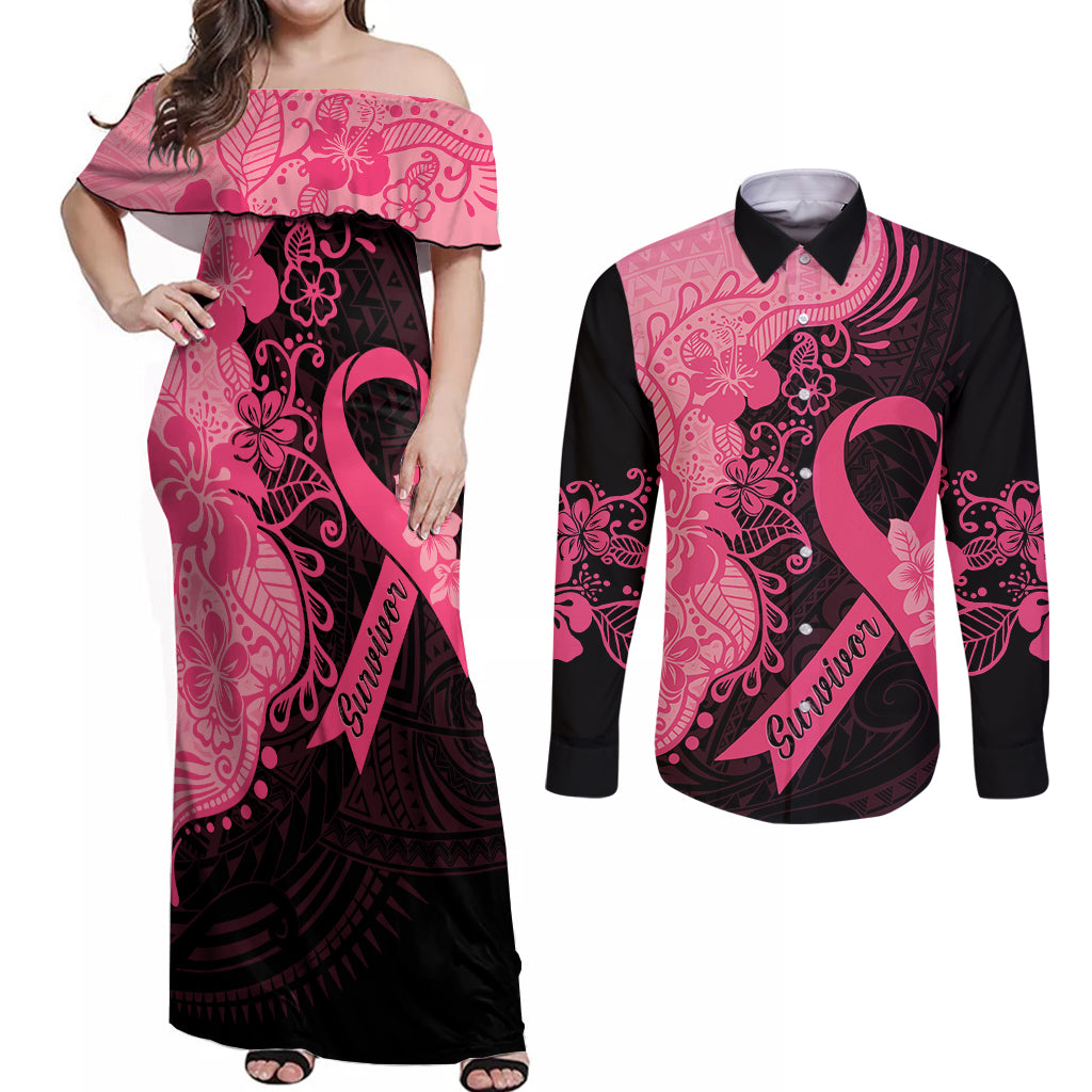 Polynesian Couples Matching Off Shoulder Maxi Dress and Long Sleeve Button Shirts Plumeria Breast Cancer Awareness Survivor Ribbon Pink LT7 Black Pink - Polynesian Pride