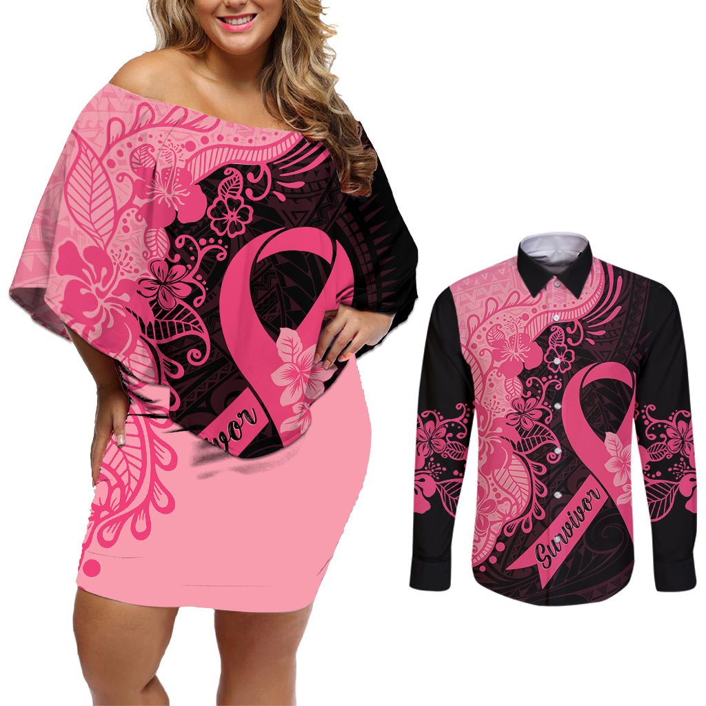 Polynesian Couples Matching Off Shoulder Short Dress and Long Sleeve Button Shirts Plumeria Breast Cancer Awareness Survivor Ribbon Pink LT7 Black Pink - Polynesian Pride