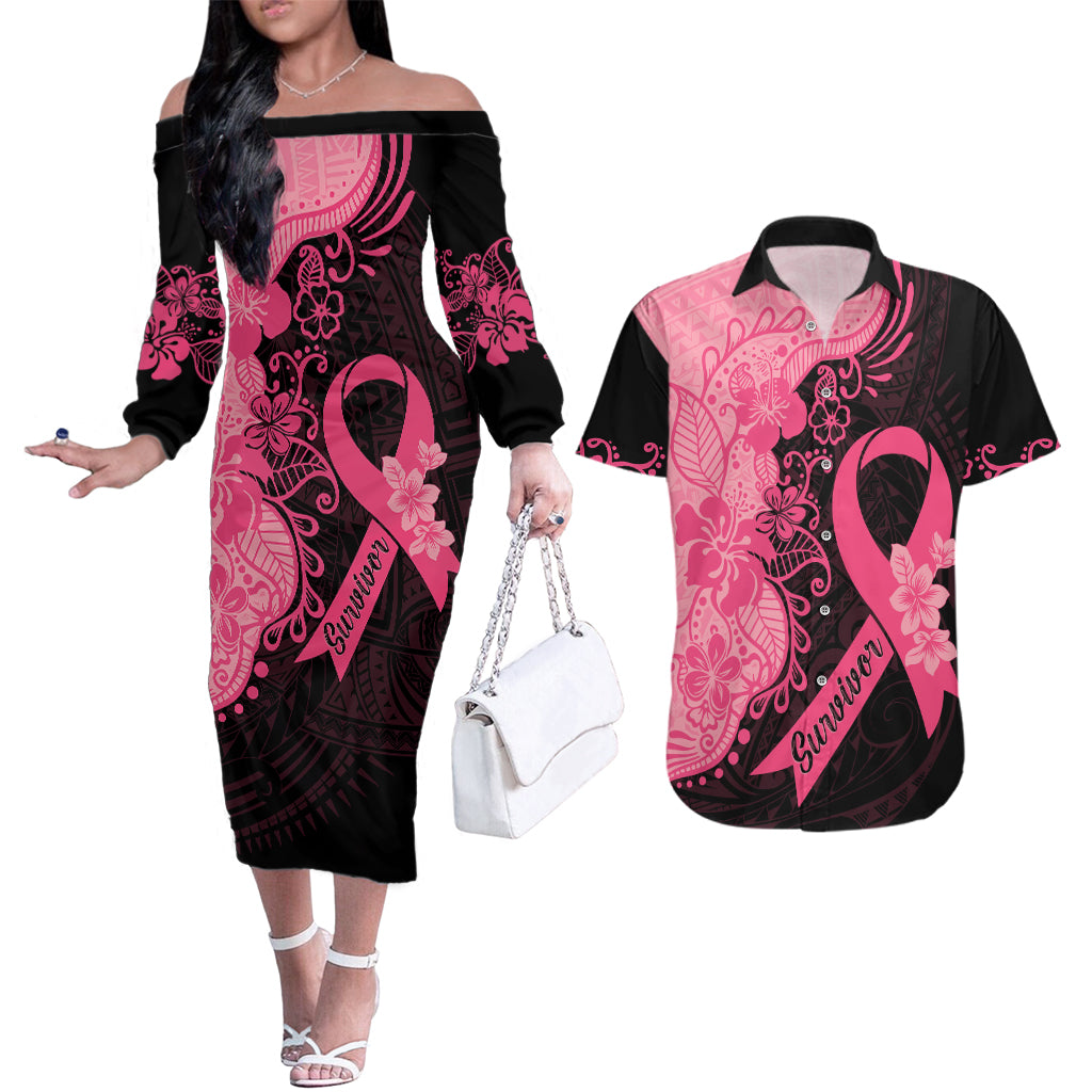 Polynesian Couples Matching Off The Shoulder Long Sleeve Dress and Hawaiian Shirt Plumeria Breast Cancer Awareness Survivor Ribbon Pink LT7 Black Pink - Polynesian Pride