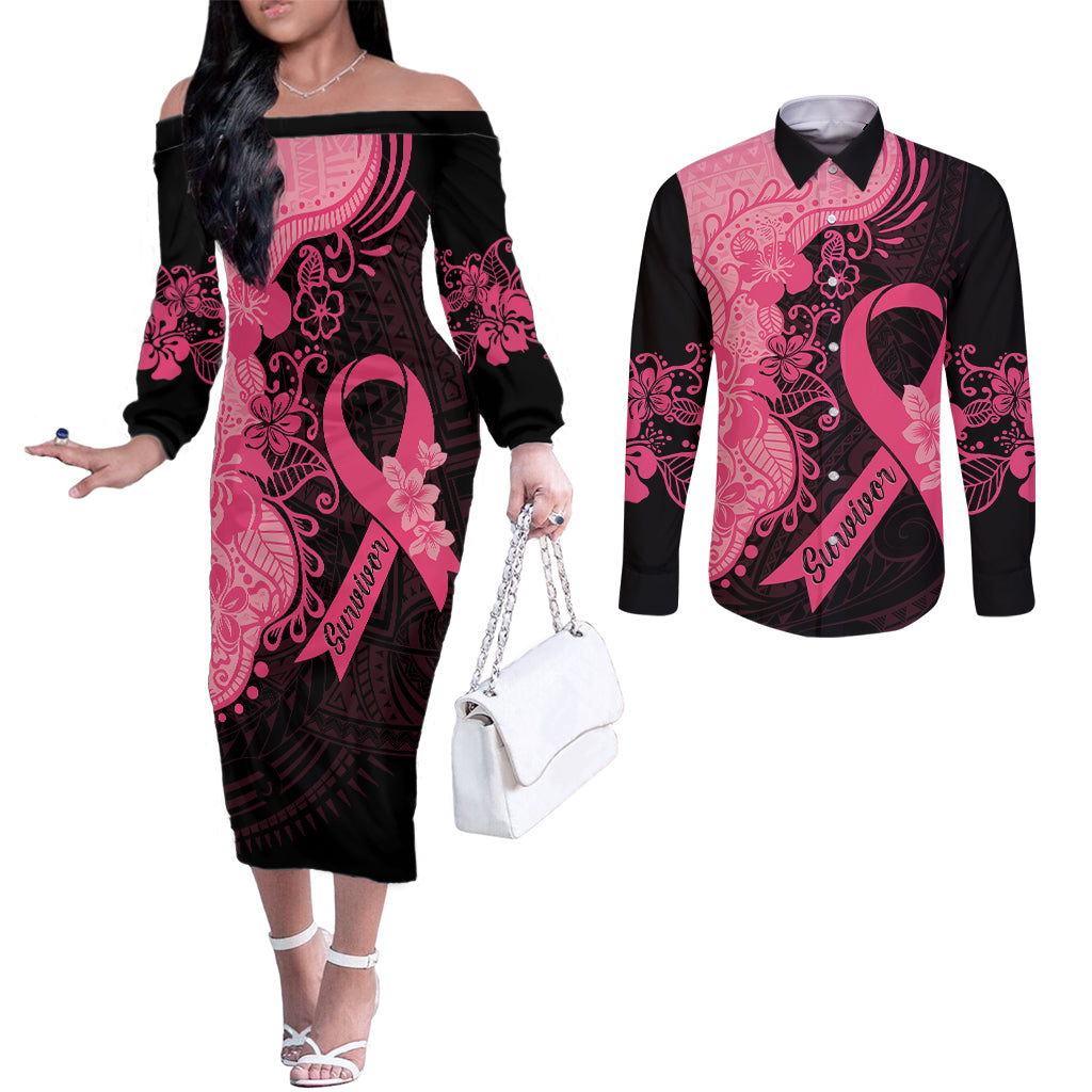 Polynesian Couples Matching Off The Shoulder Long Sleeve Dress and Long Sleeve Button Shirts Plumeria Breast Cancer Awareness Survivor Ribbon Pink LT7 Black Pink - Polynesian Pride