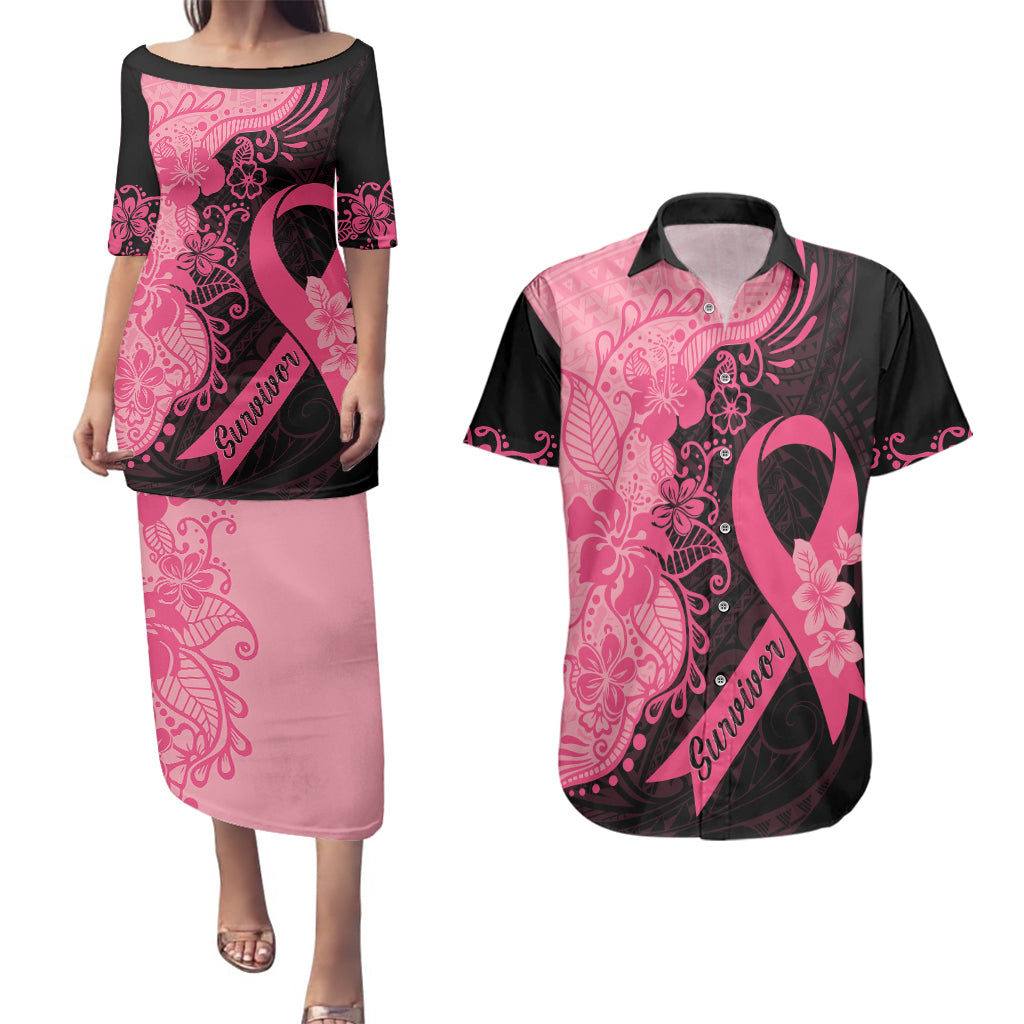 Polynesian Couples Matching Puletasi Dress and Hawaiian Shirt Plumeria Breast Cancer Awareness Survivor Ribbon Pink LT7 Black Pink - Polynesian Pride