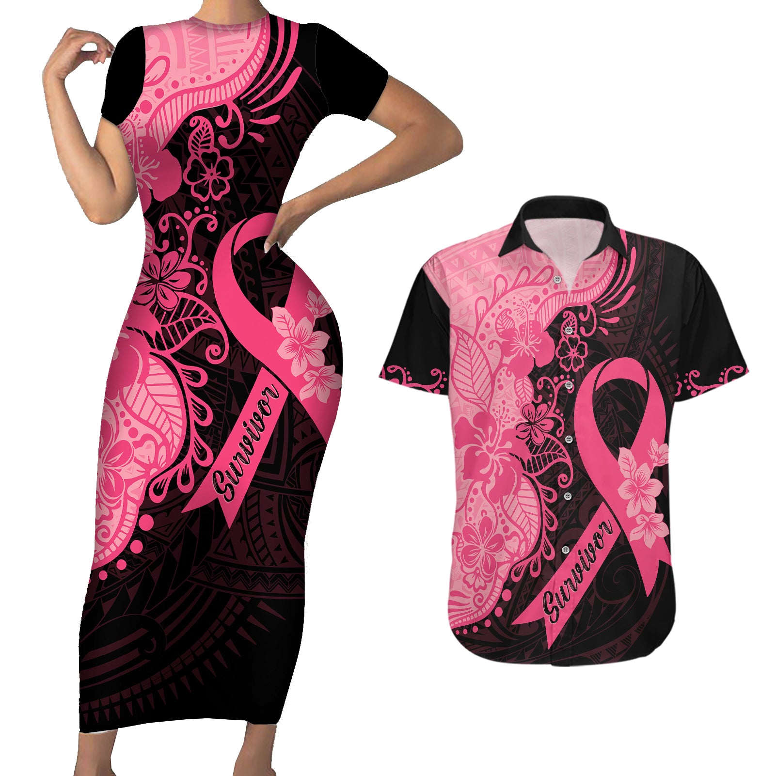 Polynesian Couples Matching Short Sleeve Bodycon Dress and Hawaiian Shirt Plumeria Breast Cancer Awareness Survivor Ribbon Pink LT7 Black Pink - Polynesian Pride