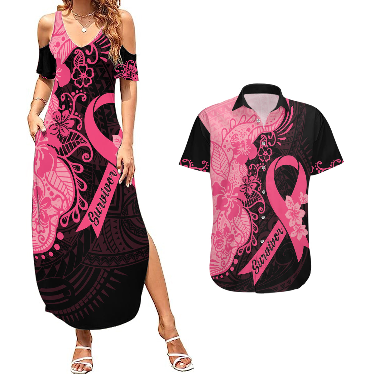 Polynesian Couples Matching Summer Maxi Dress and Hawaiian Shirt Plumeria Breast Cancer Awareness Survivor Ribbon Pink LT7 Black Pink - Polynesian Pride