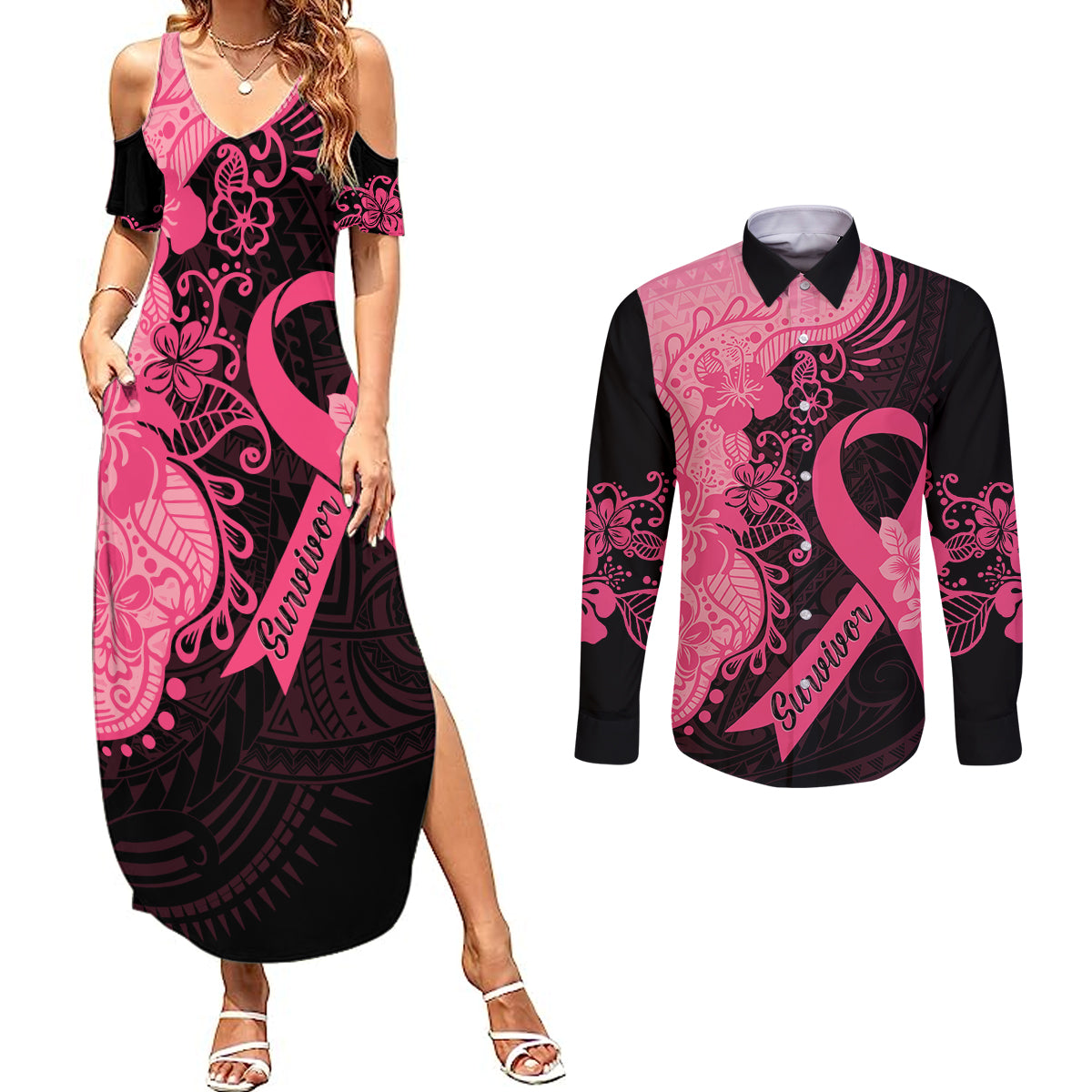 Polynesian Couples Matching Summer Maxi Dress and Long Sleeve Button Shirts Plumeria Breast Cancer Awareness Survivor Ribbon Pink LT7 Black Pink - Polynesian Pride