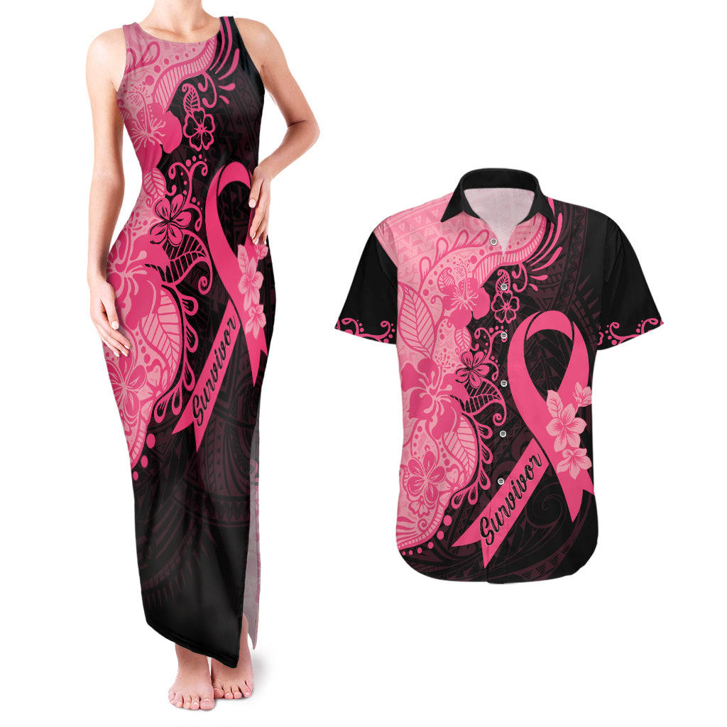 Polynesian Couples Matching Tank Maxi Dress and Hawaiian Shirt Plumeria Breast Cancer Awareness Survivor Ribbon Pink LT7 Black Pink - Polynesian Pride