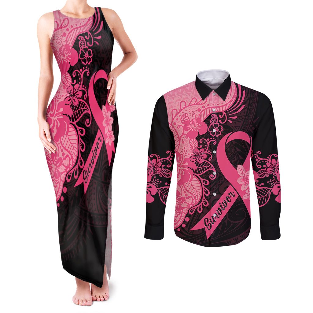 Polynesian Couples Matching Tank Maxi Dress and Long Sleeve Button Shirts Plumeria Breast Cancer Awareness Survivor Ribbon Pink LT7 Black Pink - Polynesian Pride