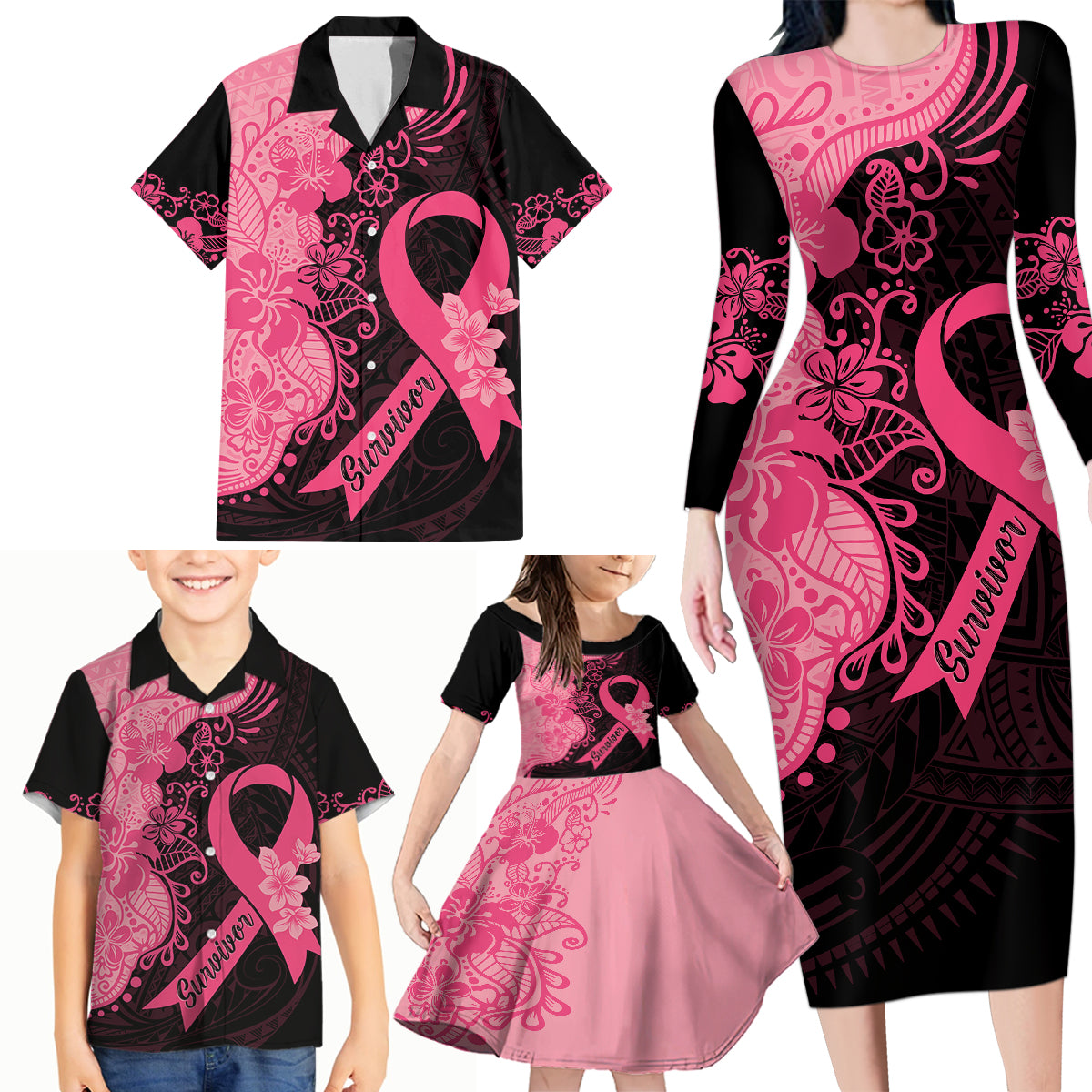 Polynesian Family Matching Long Sleeve Bodycon Dress and Hawaiian Shirt Plumeria Breast Cancer Awareness Survivor Ribbon Pink LT7 - Polynesian Pride