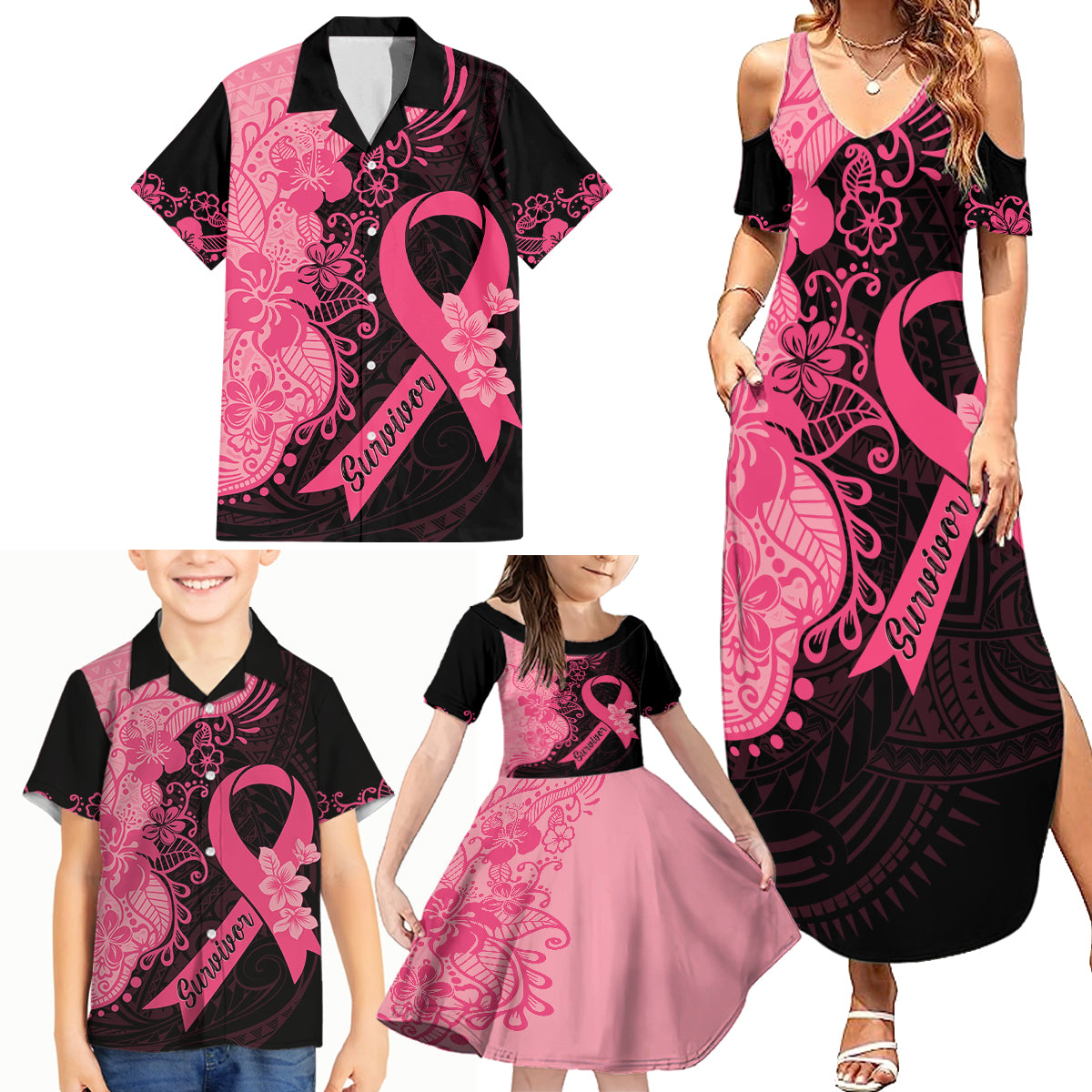 Polynesian Family Matching Summer Maxi Dress and Hawaiian Shirt Plumeria Breast Cancer Awareness Survivor Ribbon Pink LT7 - Polynesian Pride