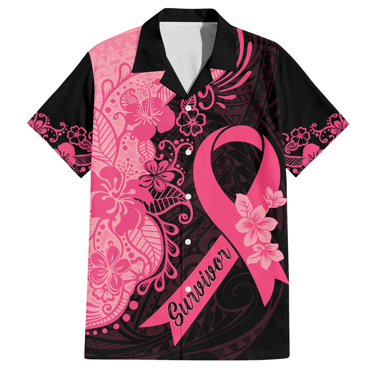 Polynesian Kid Hawaiian Shirt Plumeria Breast Cancer Awareness Survivor Ribbon Pink LT7 Kid Black Pink - Polynesian Pride