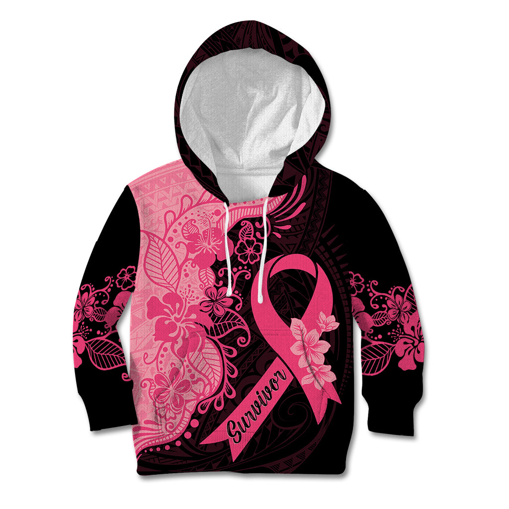 Polynesian Kid Hoodie Plumeria Breast Cancer Awareness Survivor Ribbon Pink LT7 Hoodie Black Pink - Polynesian Pride