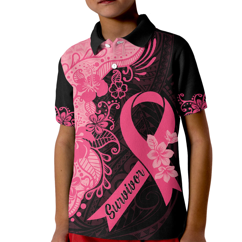 Polynesian Kid Polo Shirt Plumeria Breast Cancer Awareness Survivor Ribbon Pink LT7 Kid Black Pink - Polynesian Pride