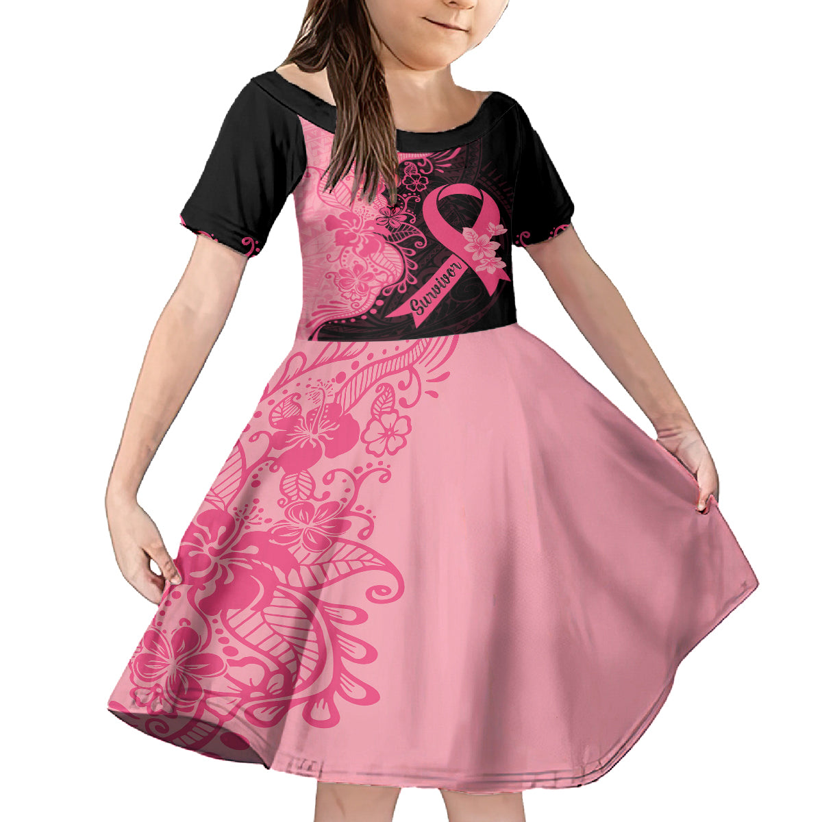 Polynesian Kid Short Sleeve Dress Plumeria Breast Cancer Awareness Survivor Ribbon Pink LT7 KID Black Pink - Polynesian Pride