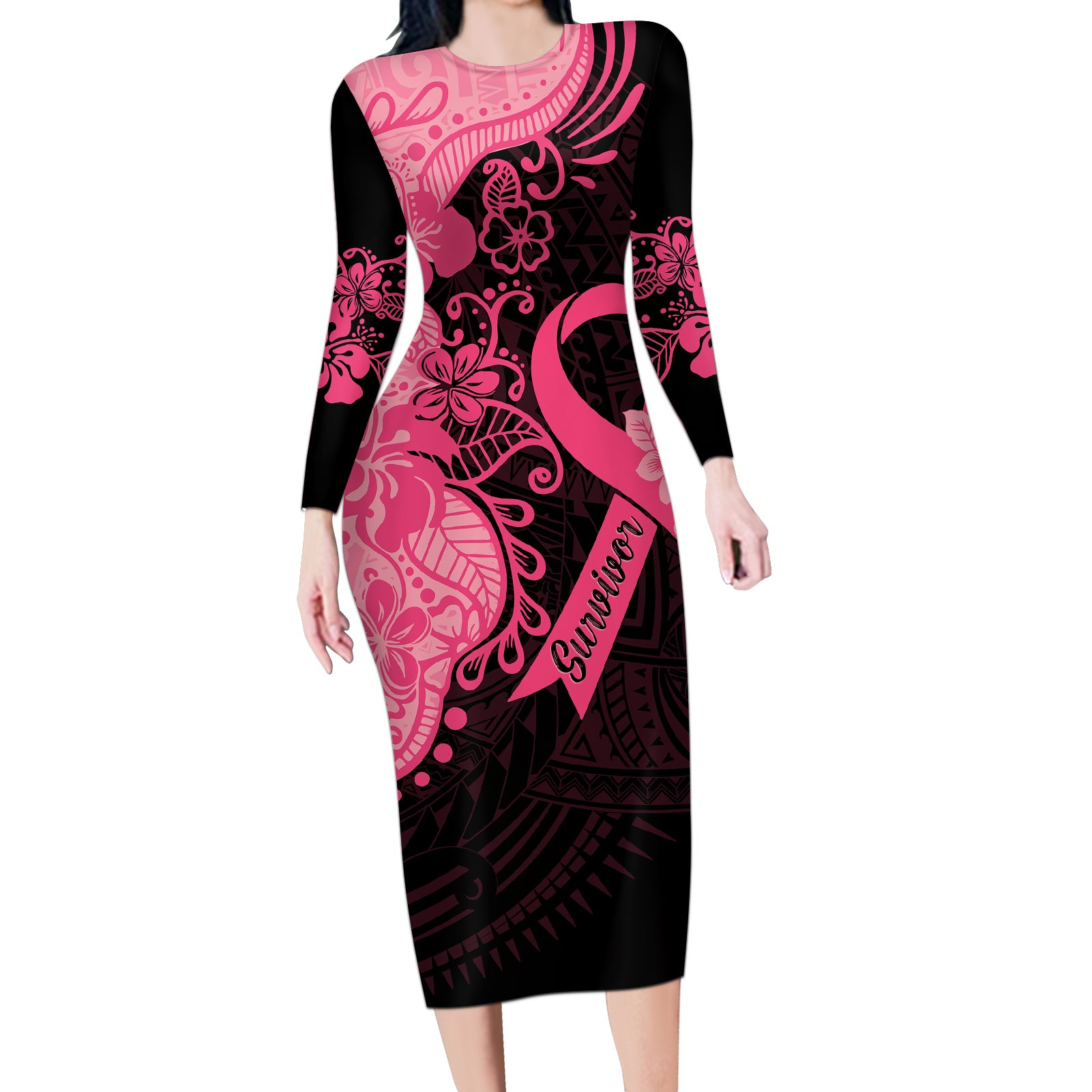 Polynesian Long Sleeve Bodycon Dress Plumeria Breast Cancer Awareness Survivor Ribbon Pink LT7 Long Dress Black Pink - Polynesian Pride