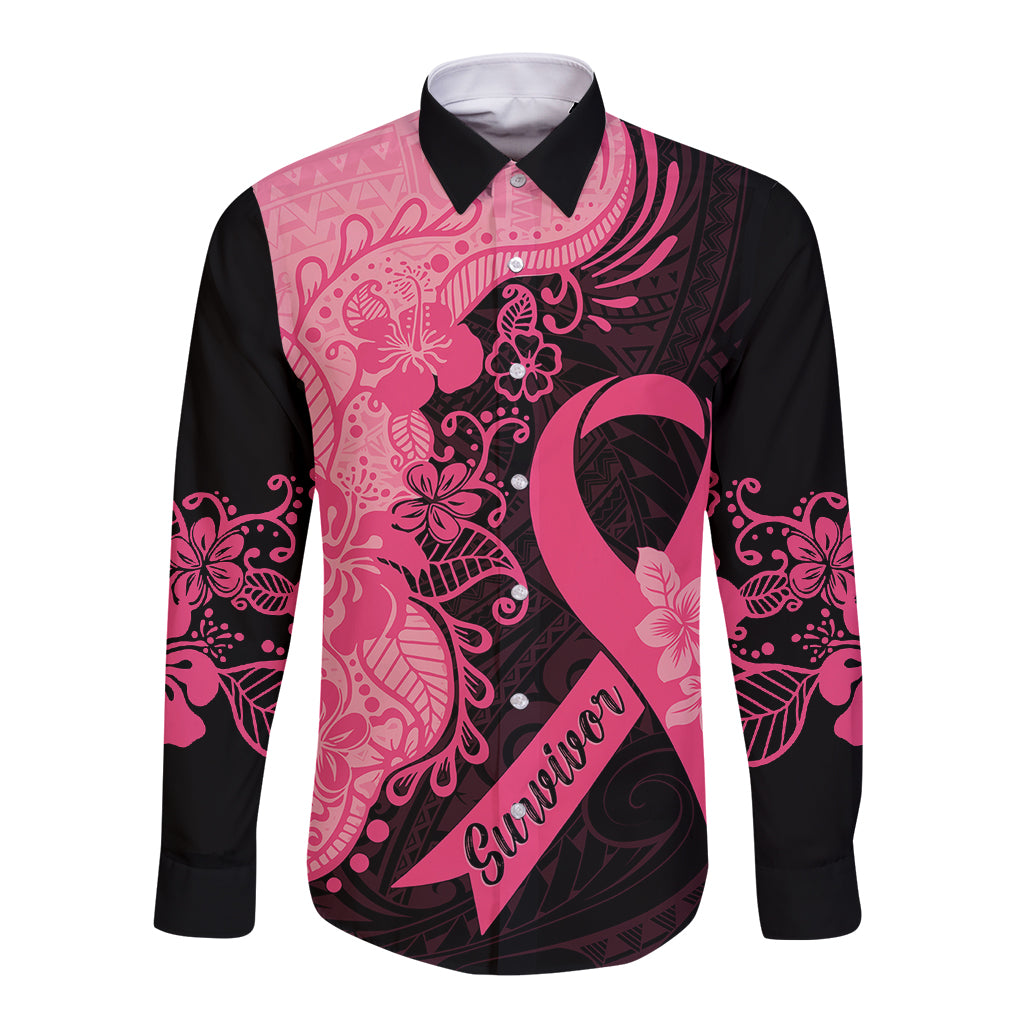 Polynesian Long Sleeve Button Shirt Plumeria Breast Cancer Awareness Survivor Ribbon Pink LT7 Unisex Black Pink - Polynesian Pride