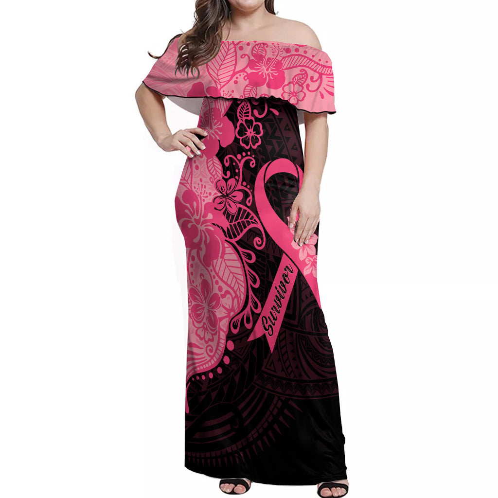 Polynesian Off Shoulder Maxi Dress Plumeria Breast Cancer Awareness Survivor Ribbon Pink LT7 Women Black Pink - Polynesian Pride