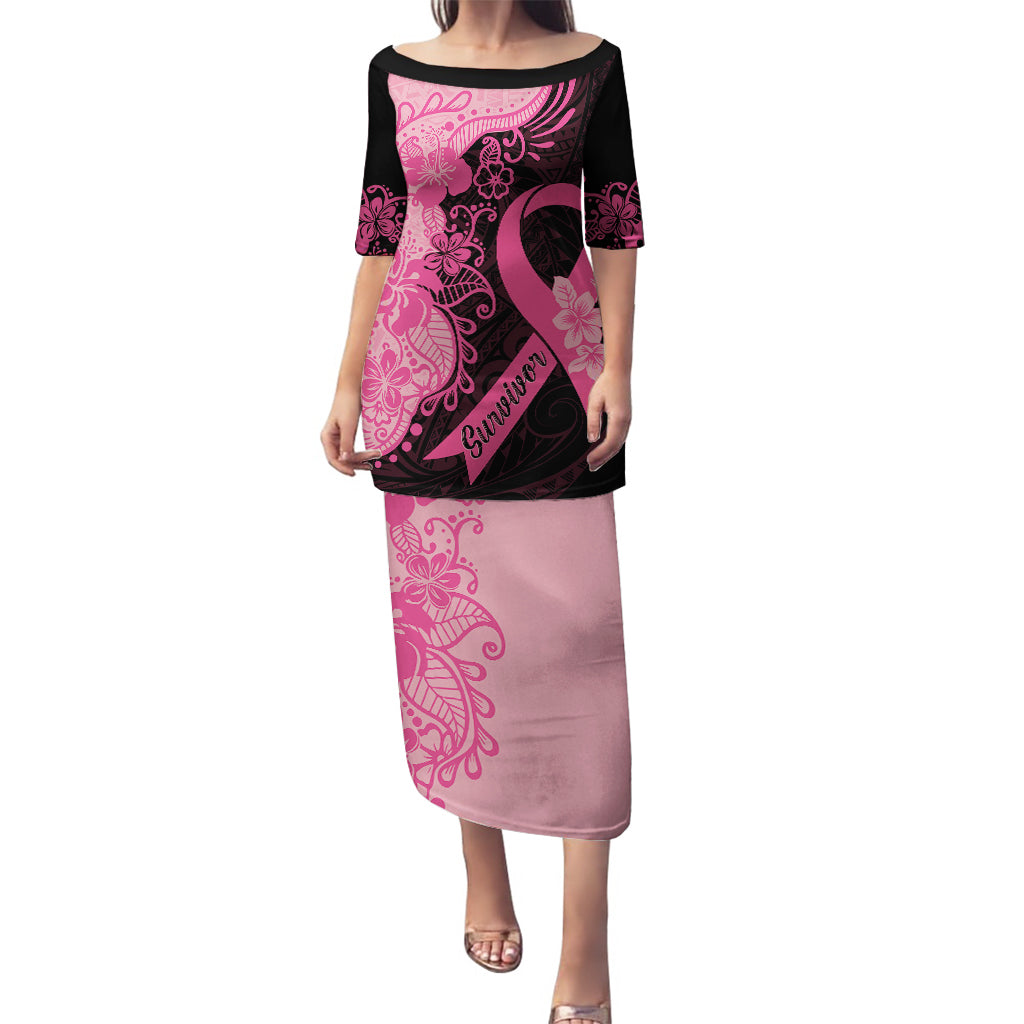 Polynesian Puletasi Plumeria Breast Cancer Awareness Survivor Ribbon Pink LT7 Long Dress Black Pink - Polynesian Pride